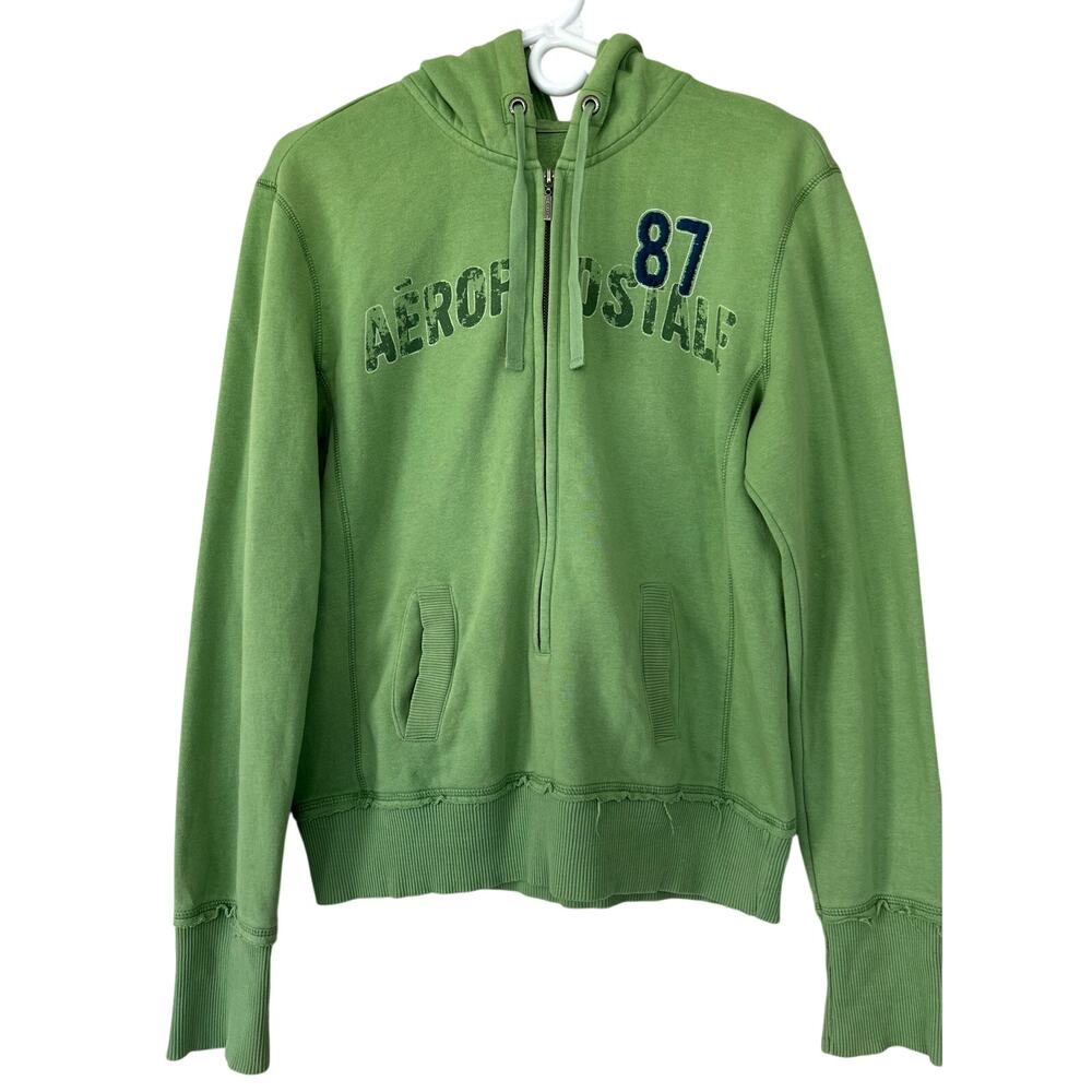 Vintage Aeropostale Green 3/4 Quarter Zip Hoodie Distressed Y2K Sweatshirt  L